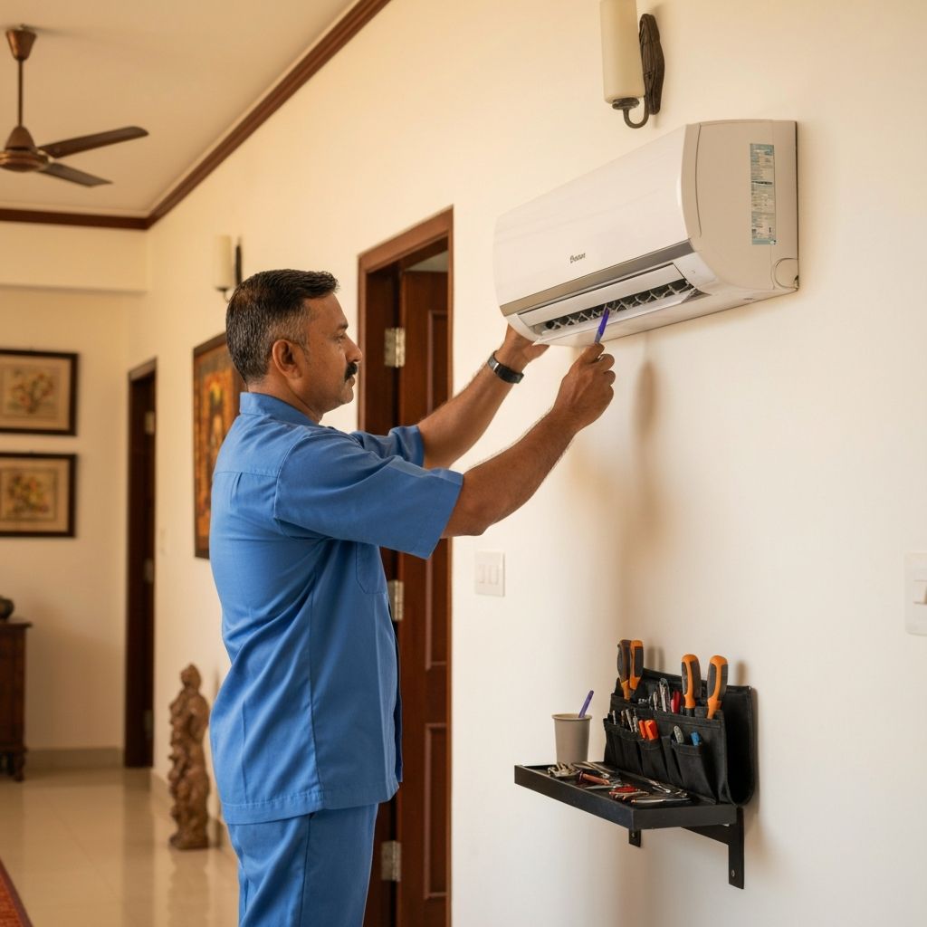 Professional AC technician servicing a split air conditioner in Gurugram
